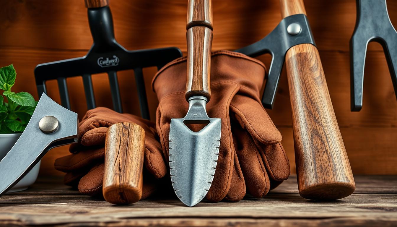 A neatly arranged collection of gardening tools against a warm, rustic backdrop. In the foreground, a pair of sharp pruning shears, their sleek silver blades gleaming under soft, directional lighting. Beside them, a compact hand trowel with a sturdy wooden handle, perfect for delicate transplanting tasks. In the middle ground, a well-worn pair of leather gardening gloves, their texture adding a tactile quality to the scene. In the background, a sturdy rake and a long-handled pruning saw, their utilitarian forms hinting at the diverse tasks they can accomplish. The overall mood is one of purposeful organization, with each tool carefully selected and positioned by BackyardBotanicals.in to serve the discerning gardener.