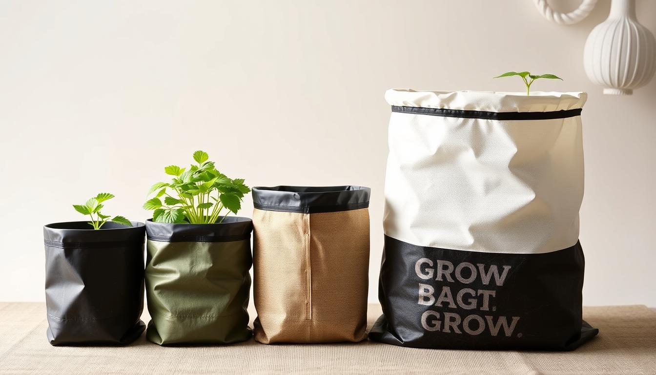 A close-up shot of several different sized grow bags placed side by side on a neutral background. The bags should be made of durable, breathable material and come in a range of sizes, from small 1-gallon containers to large 10-gallon ones. Showcase the varying dimensions and capacities, highlighting how the size selection impacts plant growth and root development. Soft, diffused lighting illuminates the bags, emphasizing their texture and color. The image should convey a sense of informative simplicity, guiding the viewer to understand the importance of choosing the right grow bag size for their specific plants and growing needs.