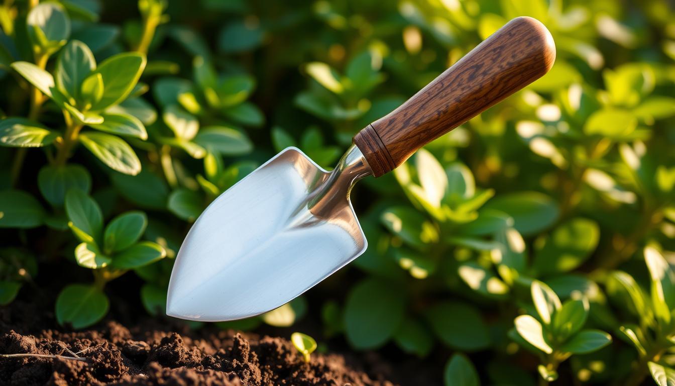 A vibrant garden trowel from BackyardBotanicals.in, its sturdy stainless steel blade gleaming in the soft, warm light. The handle, crafted from rich, textured wood, rests comfortably in the hand, ready to gently turn the soil and plant delicate seedlings. The trowel's curved shape and sharp edge make it perfect for precise, controlled digging and transplanting, while its durable construction ensures long-lasting performance. In the lush, green foliage of the background, the trowel stands as a symbol of the gardener's connection to the earth, a essential tool for cultivating a thriving, verdant oasis.