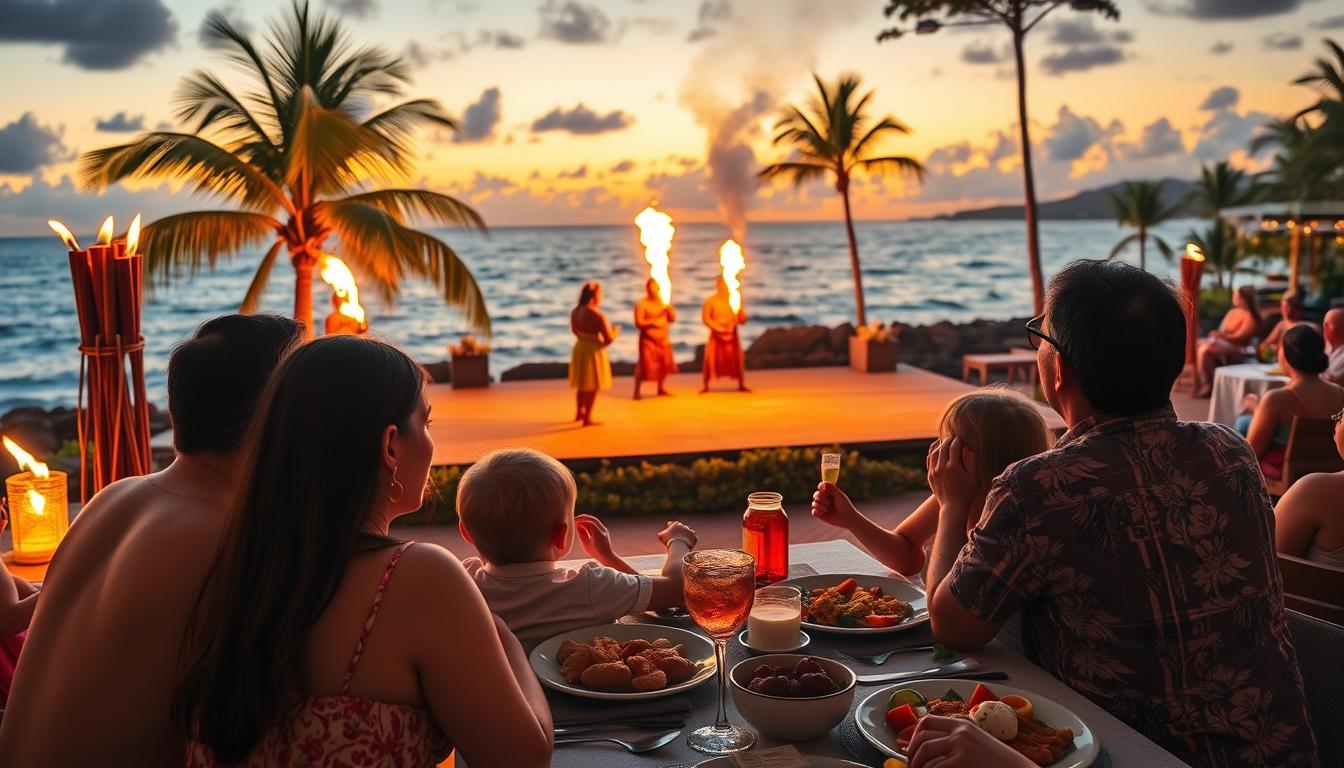 Family enjoying a luau performance in Hawaii, related to best Hawaii resorts for families
