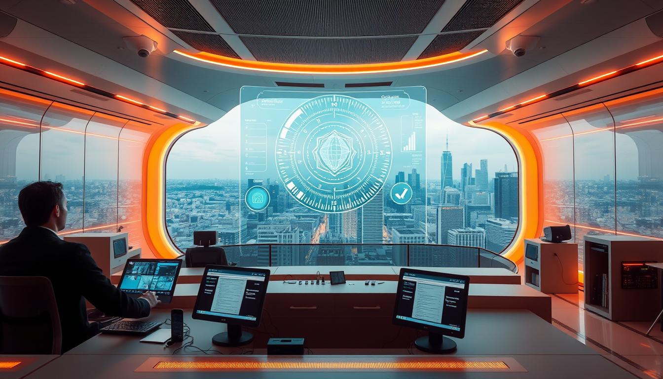 A sleek, futuristic security hub with a central holographic display showcasing AI-driven analytics. The foreground features a team of cybersecurity experts monitoring real-time threat data, their faces illuminated by the glow of high-tech consoles. The middle ground boasts advanced biometric scanners, facial recognition cameras, and motion sensors seamlessly integrated into the minimalist architecture. In the background, a vast cityscape stretches out, its skyscrapers and streets protected by the cutting-edge security systems. Warm, indirect lighting casts a sense of authority and control, while clean lines and monochromatic tones convey a sophisticated, high-tech aesthetic. The overall atmosphere is one of cutting-edge technology safeguarding the modern urban landscape.