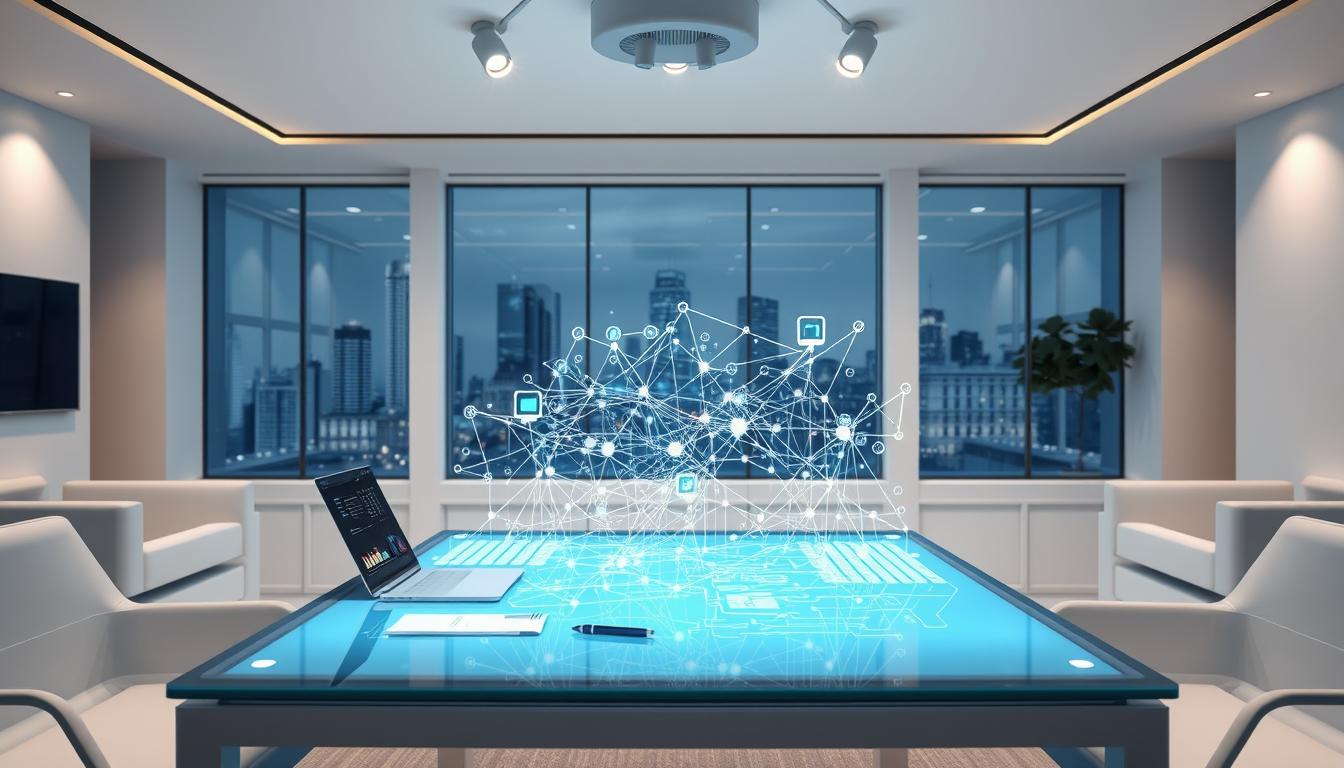 A pristine white office interior with sleek, modern furniture. In the foreground, a transparent glass table displays a 3D holographic model of a data flow diagram, intricate lines and nodes illuminated by a soft blue light. On the table, a laptop, a stylus, and a few carefully arranged papers. The middle ground features a large window overlooking a futuristic city skyline, the glass reflecting the hologram's glow. Ceiling-mounted spotlights cast a warm, focused light on the scene, creating a sense of professionalism and attention to detail. The atmosphere exudes a harmonious balance of technology and design, reflecting the principles of data governance and privacy-by-design for ethical AI.