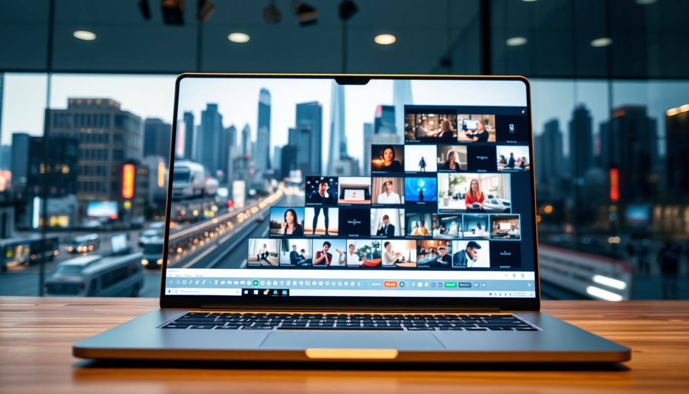 A well-lit, wide-angle shot showcasing the pros and cons of today's AI video tools. In the foreground, a sleek, modern laptop displays an intuitive video editing interface, with vibrant icons and controls. The middle ground features a collage of video thumbnails, representing the diverse content that can be generated with a single click. In the background, a busy cityscape with towering skyscrapers and bustling streets, symbolizing the potential impact of these powerful video creation tools. The overall mood is one of efficiency, innovation, and the transformative power of AI-driven video production.
