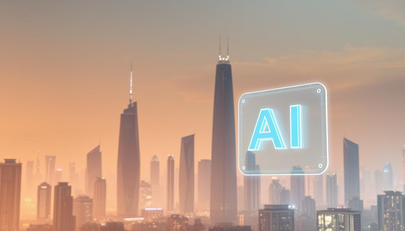 A sleek, futuristic cityscape bathed in a warm, ambient glow. In the foreground, a stylized AI symbol or icon, rendered in a translucent, glowing material that appears to float above the ground, symbolizing the integration of AI technology into the urban landscape. The middle ground features towering, angular skyscrapers with clean, minimalist designs, conveying a sense of modernity and technological advancement. The background is a hazy, atmospheric sky with subtle color gradients, creating a sense of depth and wonder. The overall composition evokes a feeling of trust, innovation, and the responsible integration of AI into the built environment.