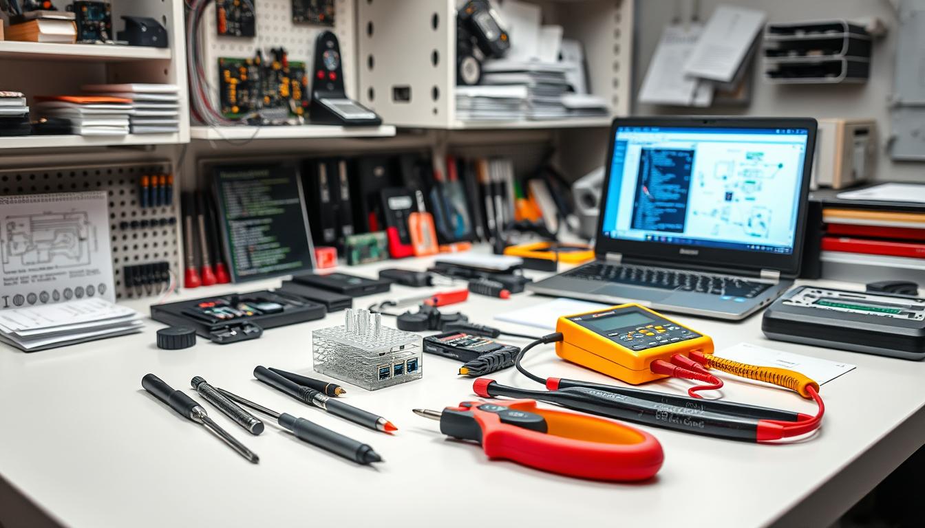 A well-lit workspace with an array of high-quality professional tools arranged neatly on a sleek, modern workbench. In the foreground, a set of precision screwdrivers, pliers, and a digital multimeter sit alongside a 3D-printed prototype. In the middle ground, a laptop displays complex schematics and code, while in the background, shelves hold an assortment of circuit boards, microcontrollers, and technical manuals. The overall scene conveys a sense of focused productivity and a passion for cutting-edge technology, perfectly capturing the essence of "AI Tools and Services That Help Me Ship Faster."