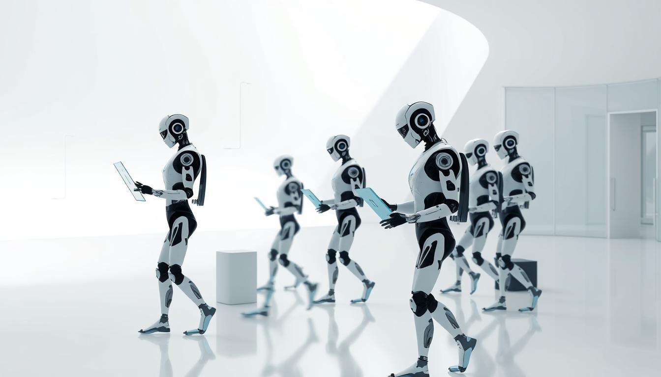 A team of AI agents in a sleek, minimalist office setting. The agents, represented as stylized humanoid figures, are engaged in various tasks on holographic displays, their movements fluid and efficient. The lighting is soft and directional, casting subtle shadows that accentuate the agents' angular, technological forms. The background is a clean, white expanse, with hints of futuristic architecture in the distance, conveying a sense of an advanced, streamlined work environment. The overall atmosphere is one of precision, collaboration, and the seamless integration of human and artificial intelligence.