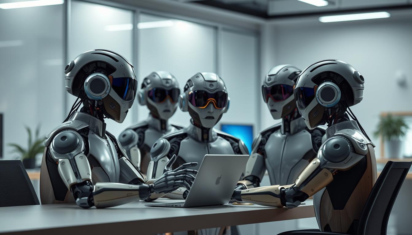 A team of autonomous software agents, each with a distinct personality and specialized capabilities, collaborating in a dynamic, holistic, and interconnected workspace. The agents are rendered in a detailed, cinematic style with realistic textures and lighting, showcasing their advanced artificial intelligence and seamless integration. The scene is set in a futuristic, minimalist office environment with clean lines, muted colors, and subtle technological accents, emphasizing the harmony between human and machine. The agents are positioned in a collaborative formation, communicating and coordinating their efforts, conveying the efficiency and synergy of Relevance AI's multi-agent platform.