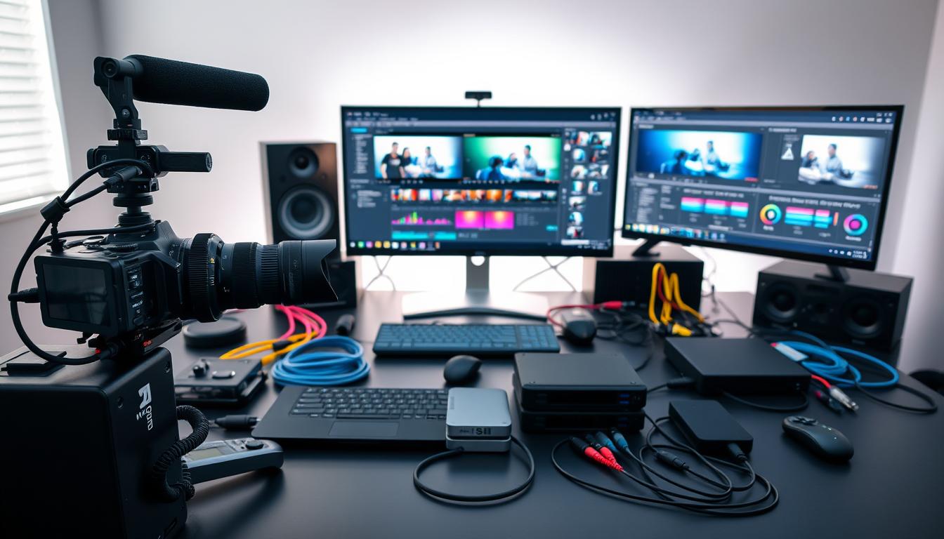 A neatly organized workspace filled with state-of-the-art video editing tools. In the foreground, a high-end camera and microphone setup sit atop a sleek, minimalist desk. The middle ground features an array of color-coded cables, external hard drives, and a dual-monitor computer display showcasing video editing software. The background is illuminated by soft, diffused lighting, creating a professional and creative atmosphere. The overall scene conveys the power and versatility of modern video AI tools, ready to empower effortless content creation.