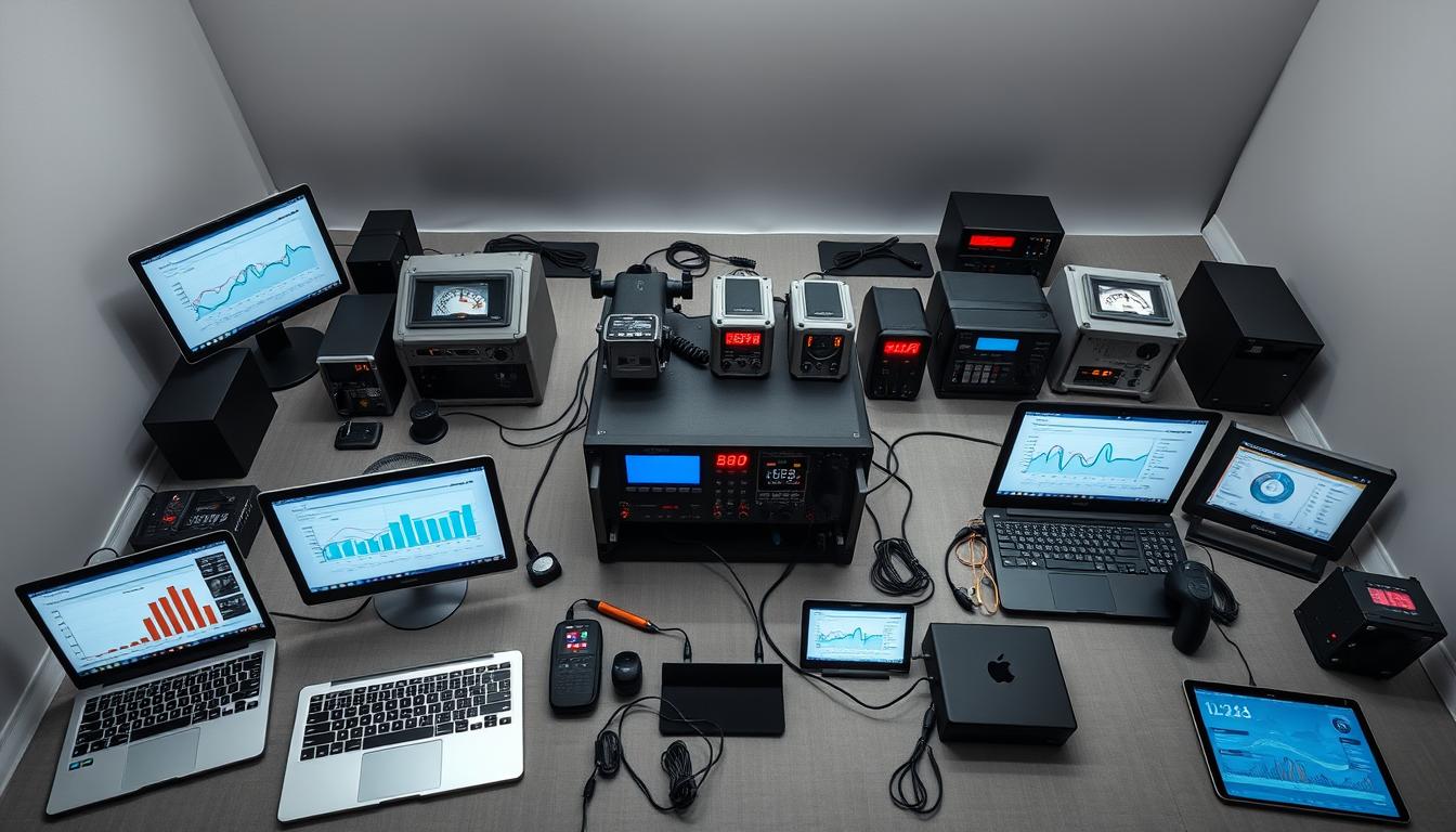 A high-angle shot of a neatly organized workspace, featuring an array of electronic devices and instruments arranged in a comparative display. In the foreground, several sleek, modern laptops and tablets are meticulously positioned, their screens illuminated with benchmark charts and data visualizations. In the middle ground, a series of compact, industrial-style testing rigs and measurement devices stand ready, their displays and indicators casting a warm, technical glow. The background is dominated by a clean, minimalist backdrop, accentuating the precision and attention to detail of the scene. Soft, directional lighting casts subtle shadows, creating depth and emphasizing the technological prowess of the "standards comparison systems" before the viewer.