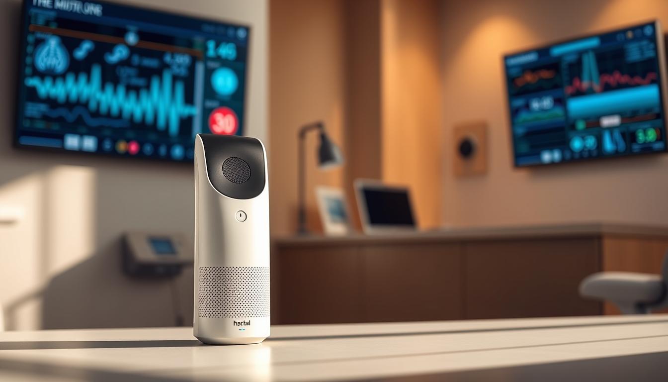 A healthcare voice assistant standing in a modern medical office, bathed in warm, natural lighting. The device is sleek and minimalist, with a discreet microphone and speaker integrated into its design. In the background, a wall-mounted display showcases dynamic visualizations and medical data, complementing the assistant's capabilities. The overall atmosphere is one of efficiency, innovation, and a focus on enhancing the patient experience through cutting-edge conversational AI technology.