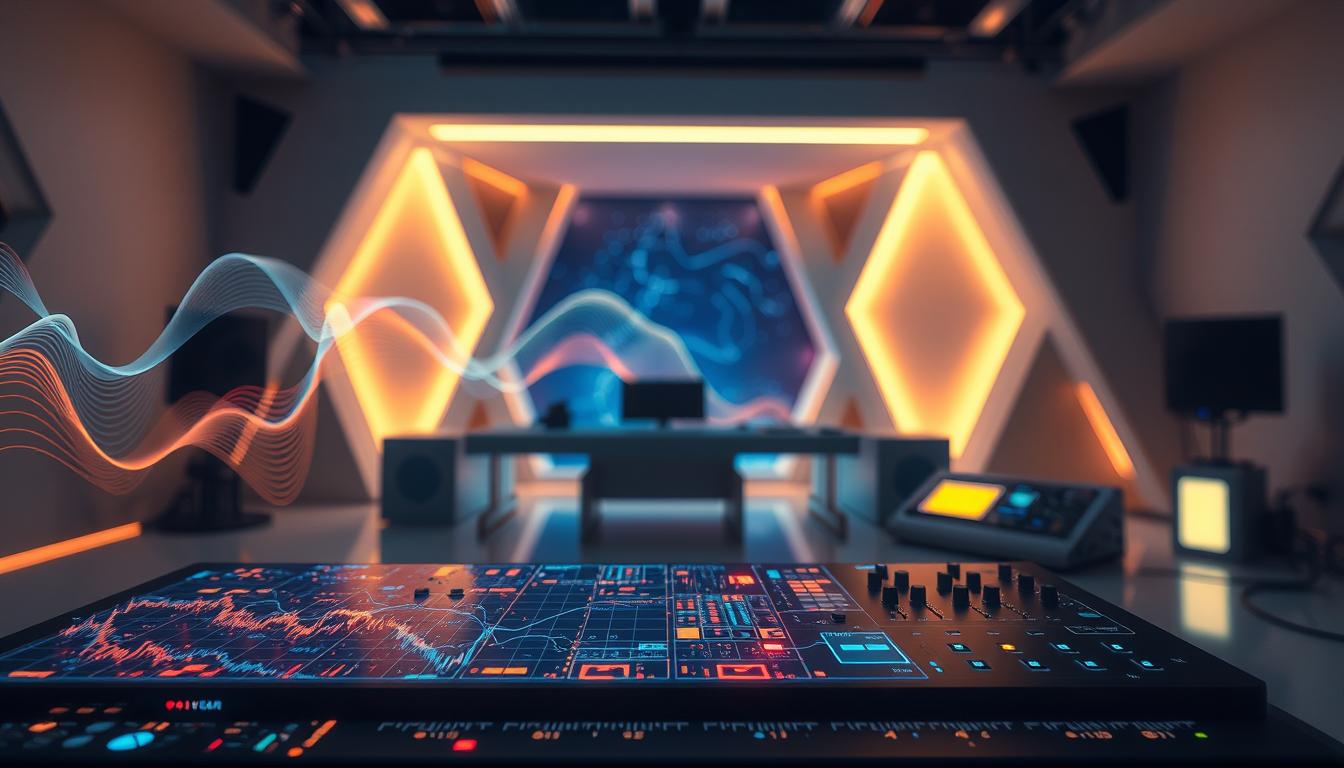 A digital music composition flows from an AI's intricate neural networks, manifesting as a captivating soundscape. In the foreground, a glowing interface displays a dynamic visualization of the generative process, with vibrant waveforms and pulsating rhythms. The middle ground features a sleek, minimalist synthesizer, its illuminated controls and display panels hinting at the complex algorithms at work. The background showcases a futuristic studio environment, with geometric architectural elements and a soft, ambient lighting that creates a sense of wonder and exploration. The overall scene conveys the power and potential of AI-driven music generation, a harmonious blend of technology and creativity.