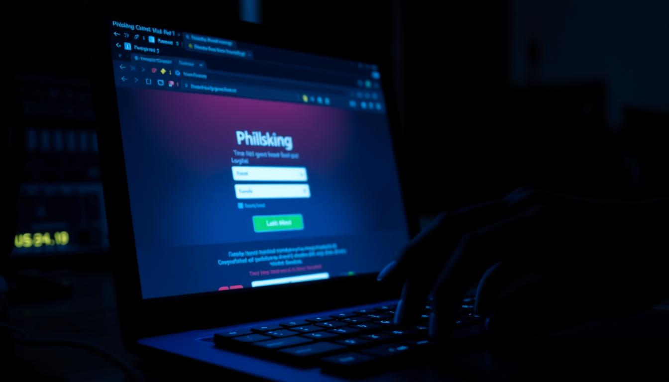 A hacker's computer screen, illuminated by a neon-blue glow, displays a phishing website mimicking a familiar online banking portal. In the foreground, a hand hovers over the keyboard, ready to input stolen login credentials. The scene is captured with a cinematic, high-contrast lighting, creating a tense, ominous atmosphere. The background is blurred, suggesting the hacker's isolation and focus on their malicious task. The image conveys the practical application of AI-powered cybersecurity in detecting and responding to evolving phishing threats, a critical aspect of protecting businesses in the face of emerging digital risks.