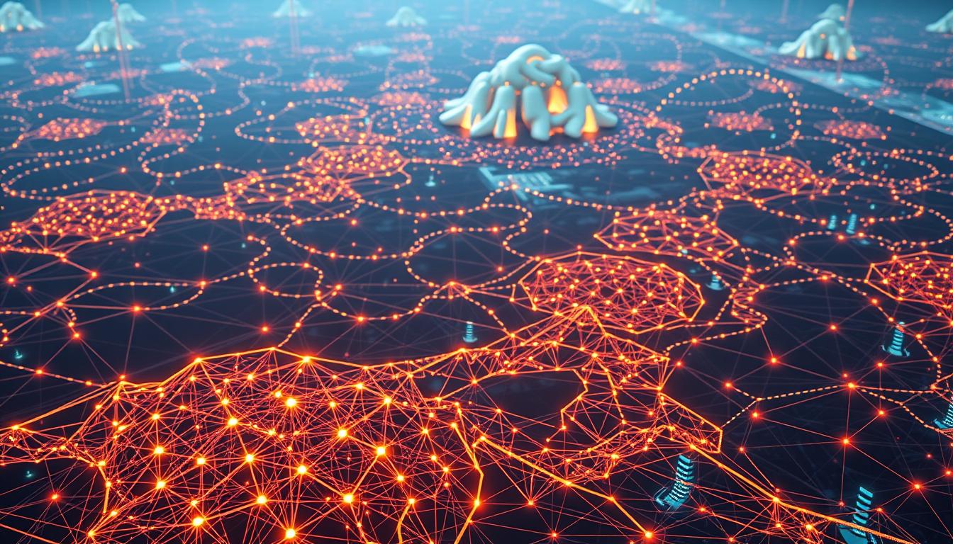 A decentralized AI system, its intricate web of nodes and connections sprawling across a vast digital landscape. In the foreground, a cluster of neural networks pulsing with energy, their intricate architectures illuminated by soft, ambient lighting. In the middle ground, a labyrinth of blockchain-powered data exchanges, secure and transparent, facilitating the flow of information between distributed agents. The background is a vibrant, ever-changing tapestry of computational processes, cloud-like formations of algorithms and models, all working in harmony to form a decentralized intelligence that transcends the boundaries of traditional centralized systems. The scene exudes a sense of innovation, progress, and the boundless potential of a future where AI is truly democratized.