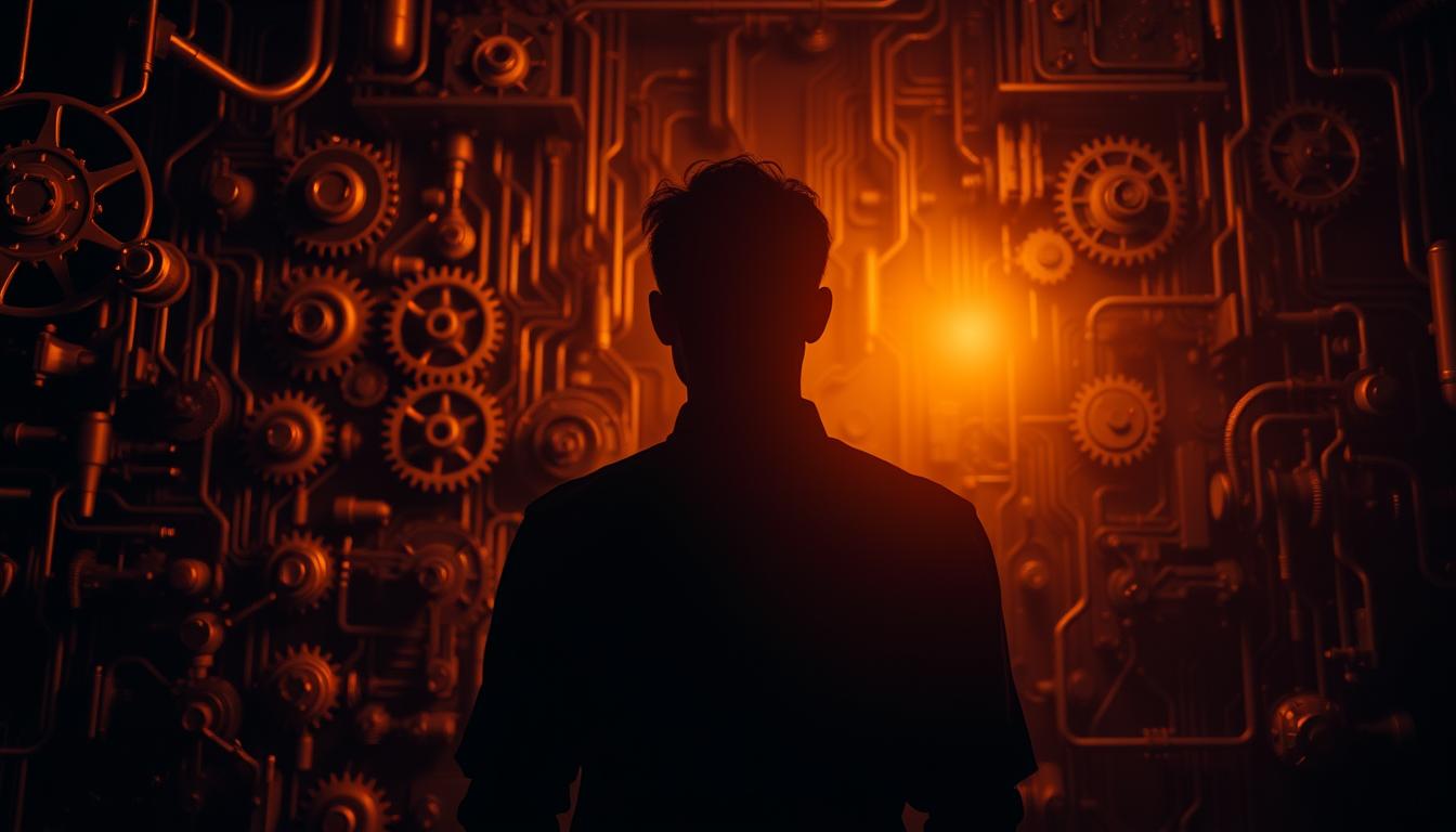 A thoughtful human figure stands at the center of a dimly lit room, their face in shadow, symbolizing the weight of oversight and accountability. The background features a complex system of interlocking gears, cogs, and circuits, hinting at the underlying technological infrastructure that requires careful governance. Warm, muted lighting casts a contemplative atmosphere, emphasizing the gravity of the situation. The composition conveys a sense of human agency amidst the ever-evolving world of intelligent systems, underscoring the importance of responsible AI development and deployment.