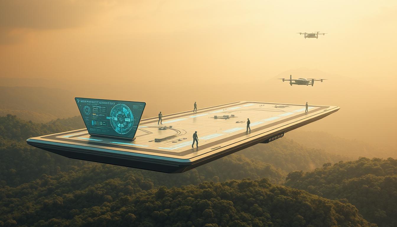 A vast, futuristic platform hovers above a lush, verdant landscape. Sleek, angular structures of gleaming metal and glass rise from its surface, their clean lines and minimalist design conveying a sense of technological sophistication. Holographic displays flicker and pulse, relaying streams of data and information. In the distance, flying vehicles dart to and fro, while advanced robotic systems move with precision and grace, tending to the platform's various functions. Warm, diffused lighting bathes the scene, creating a serene, almost ethereal atmosphere. The entire composition exudes a palpable sense of progress, innovation, and the promise of a future where seamless integration of AI and technology has transformed the way we live and work.