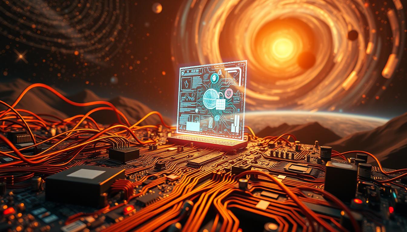 A vibrant fusion of digital and analog elements, set against a dynamic backdrop. In the foreground, an intricate interlocking of circuit boards, microchips, and wires, evoking the convergence of technology and creativity. The middle ground features a striking holographic projection, shimmering with data visualizations and abstract shapes, symbolizing the integration of text, image, and audio. In the background, a swirling cosmic landscape, with celestial bodies and energy fields, suggesting the boundless potential of multimodal AI. Warm, saturated lighting casts a sense of depth and dimension, while a cinematic camera angle emphasizes the grand, visionary nature of the scene. The overall composition conveys a sense of harmony, innovation, and the endless possibilities of harnessing the power of multimodal AI.