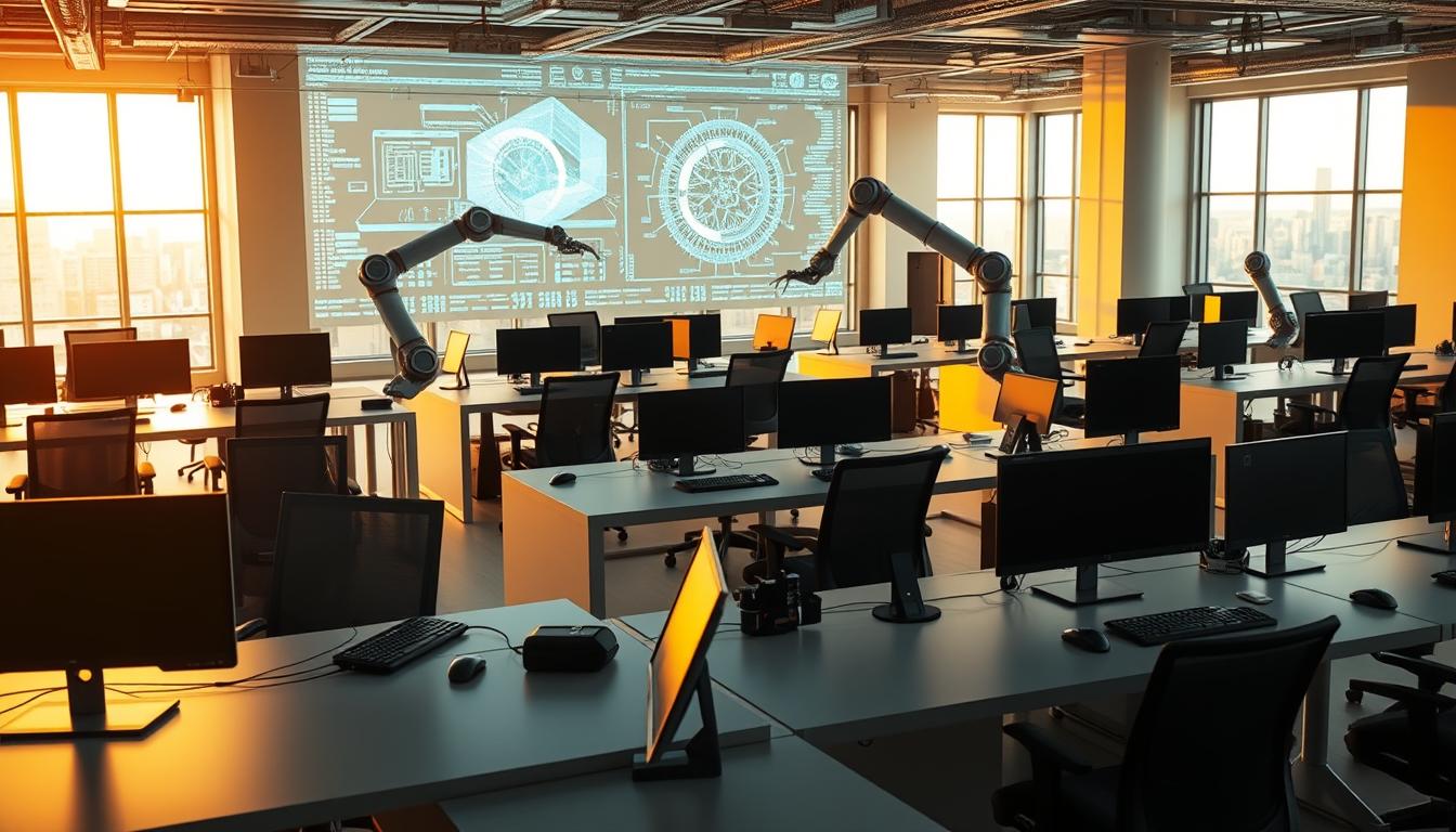 A modern and sleek artificial intelligence workplace, with rows of desks and chairs arranged in an open-plan layout. The space is bathed in warm, diffused lighting from large windows, casting a soft glow over the scene. Cutting-edge computing hardware, including monitors, keyboards, and mice, sit atop the desks, creating a futuristic ambiance. In the background, a holographic display projects complex data visualizations, while robotic arms move autonomously, assisting with tasks. The overall atmosphere conveys a sense of advanced technology, seamless collaboration, and increased productivity.