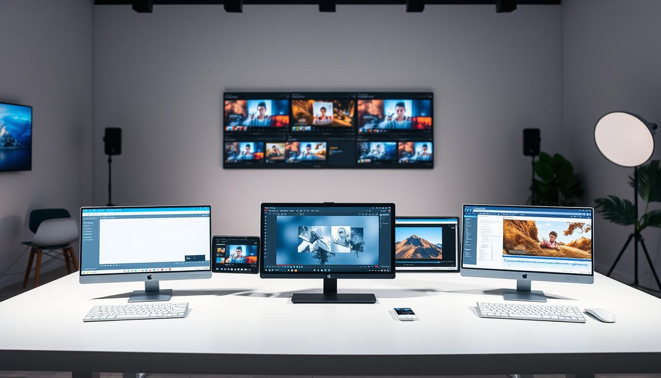 A well-lit, high-quality studio scene showcasing a side-by-side comparison of video editing tools. In the foreground, a clean and organized table displays various video generation and editing software interfaces, each with a distinct style and feature set. The middle ground features product shots and icons, highlighting the key capabilities of each tool. The background is a softly lit, minimalist setting, allowing the comparison elements to take center stage. The overall composition conveys a sense of professionalism, utility, and ease of use for the featured video creation solutions.