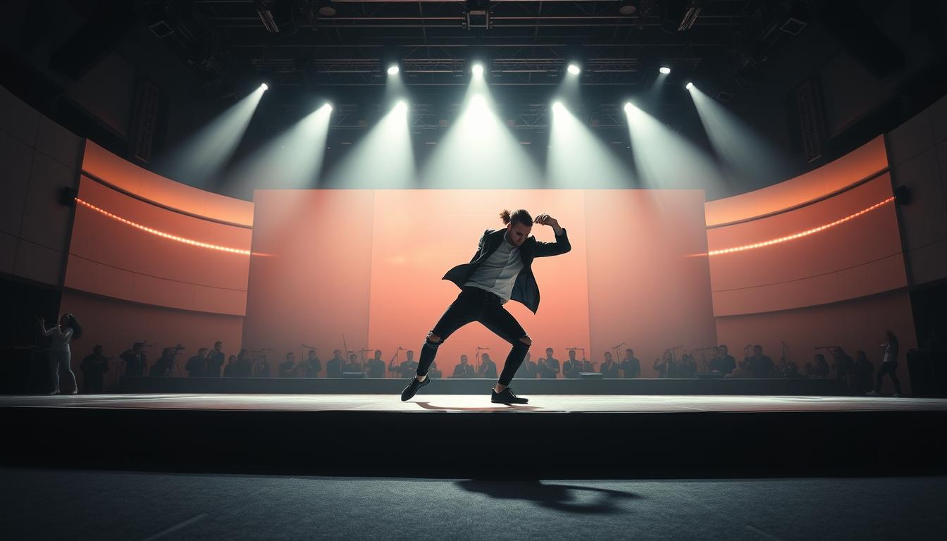 A bustling stage under bright, dramatic lighting, with a dynamic performer center stage executing a bold, energetic dance move. The background features a sophisticated, minimalist set design with clean lines and a sense of motion, hinting at the technical prowess behind the performance. The image conveys a sense of power, precision, and the culmination of meticulous training and preparation. The overall mood is one of awe-inspiring artistry, where the boundaries between human and machine are blurred, showcasing the impressive capabilities of multimodal AI integration.