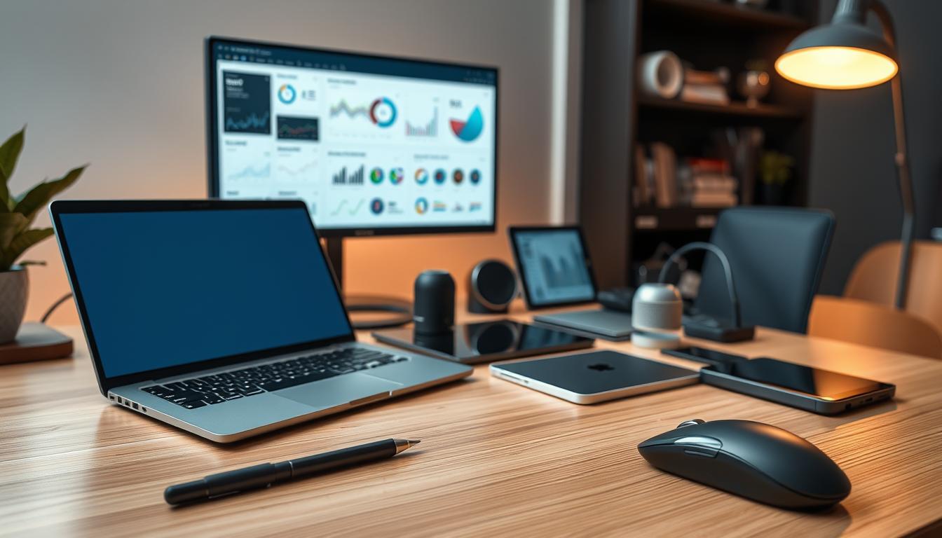 A neatly organized workspace with a variety of high-quality tools arranged on a clean, minimalist wooden desk. In the foreground, there is a high-end laptop, a smart digital pen, and a modern wireless mouse. In the middle ground, various office supplies like a sleek tablet, a smart speaker, and a compact yet powerful desk organizer. In the background, a large, high-resolution monitor displays productivity software and data visualizations, all bathed in warm, soft lighting from a discreet, energy-efficient lamp. The overall mood is one of efficiency, elegance, and technological sophistication, perfectly suited for a modern, AI-powered workspace.