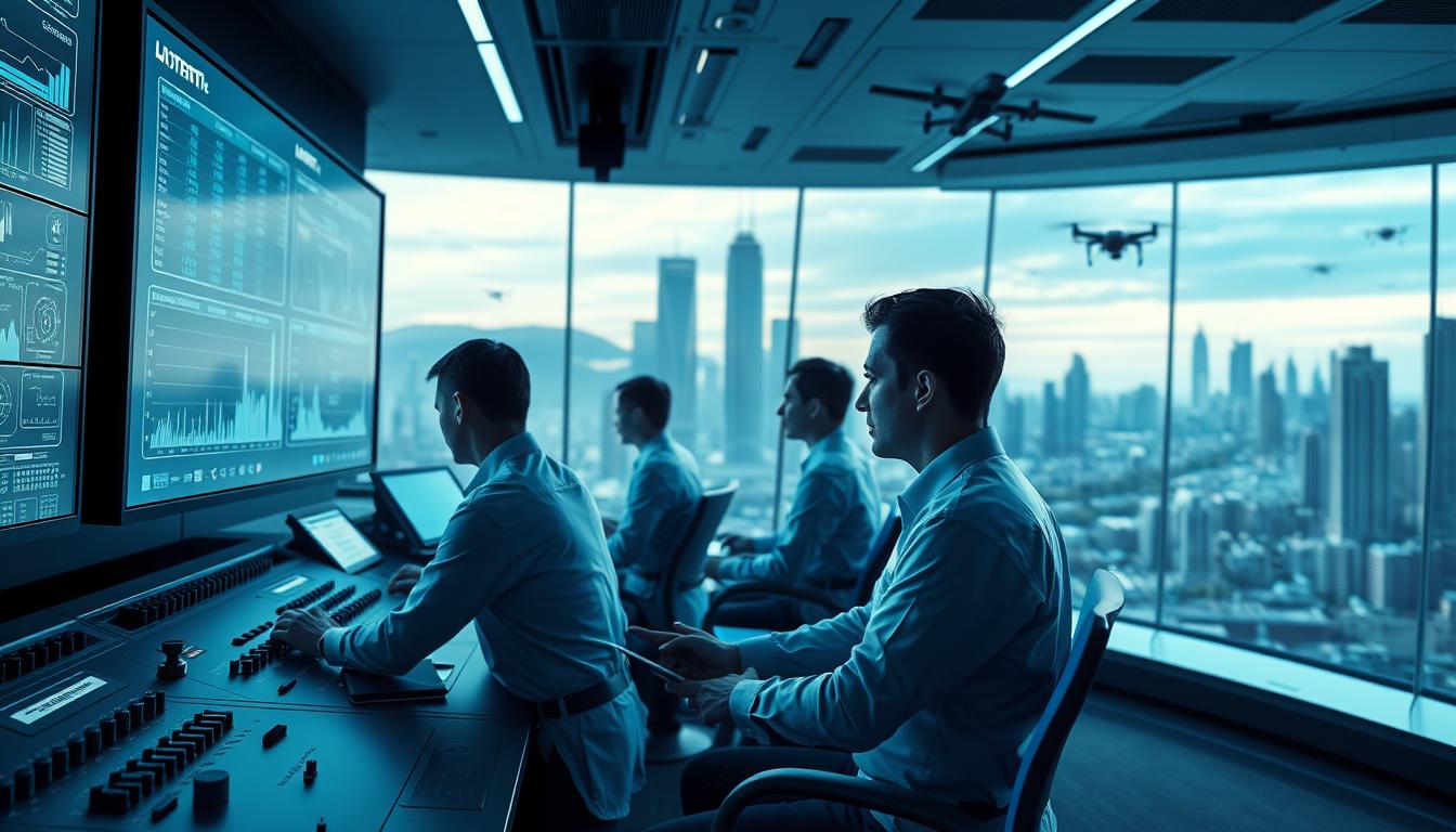 A high-tech control room, bathed in a cool, blue-hued glow from a bank of large wall-mounted monitors. The foreground showcases a sleek, minimalist dashboard with an array of knobs, sliders, and touch screens, hinting at the complex analytical capabilities of the system. In the middle ground, technicians in clean-cut uniforms intently monitor data streams and adjust parameters, their faces illuminated by the soft light. The background reveals a panoramic view of a futuristic cityscape, with skyscrapers and hovering drones, suggesting the broad scope and scale of the AI-powered surveillance and fairness detection system. The overall mood is one of technological sophistication, precision, and a commitment to responsible AI governance.