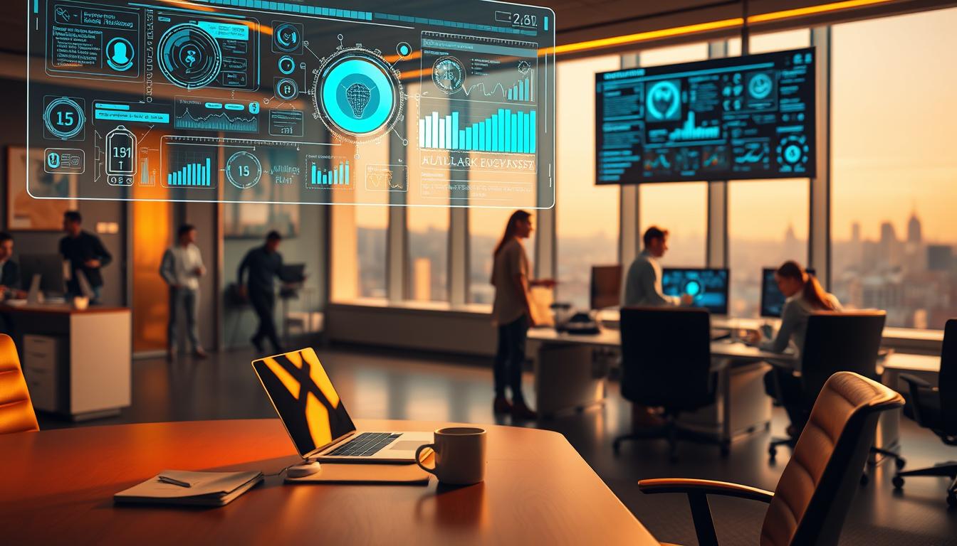 A futuristic office scene, bathed in warm, ambient lighting. In the foreground, a desk with a sleek, minimalist design features a laptop, papers, and a cup of coffee. Hovering above the desk, a holographic interface displays intricate data visualizations and automated workflows, representing the seamless integration of AI-powered tools into the workday. In the middle ground, office workers engage with these smart systems, their movements and gestures triggering responsive actions on the screens. The atmosphere is one of focused productivity, with a touch of wonder as the humans and machines collaborate effortlessly. The background reveals a panoramic view of the cityscape, hinting at the broader implications of AI-driven automation beyond the individual workstation, as the integration of these technologies transforms the nature of work itself.