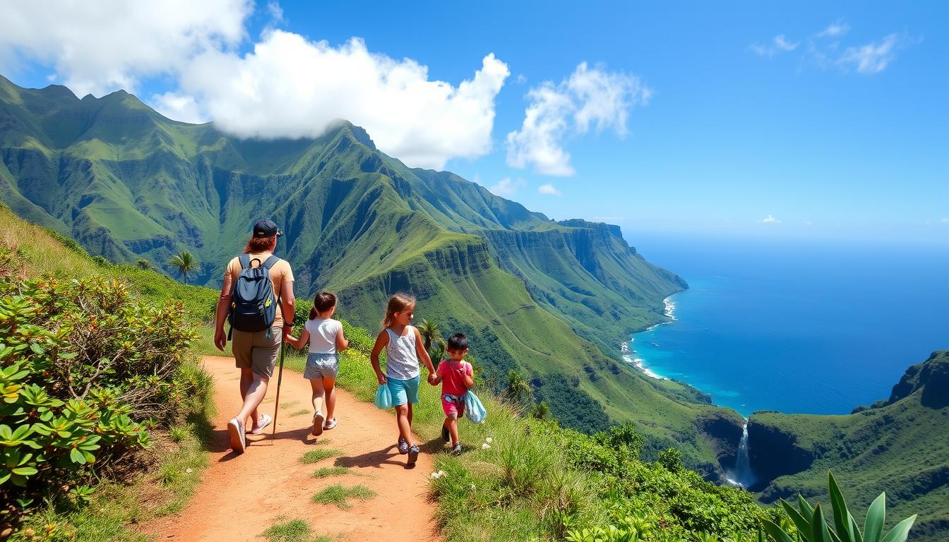 Family hiking on a trail in Hawaii, related to best Hawaii resorts for families