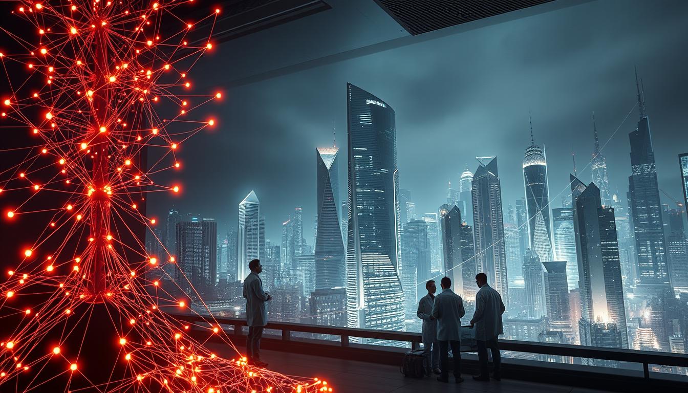 A cutting-edge AI research lab in a futuristic metropolis. The foreground features a towering neural network diagram, intricate lines and nodes pulsing with energy. In the middle ground, a team of researchers in lab coats huddle around a holographic display, analyzing complex algorithms. The background depicts a vast cityscape of gleaming skyscrapers, infused with an aura of technological innovation. Dramatic lighting casts dramatic shadows, conveying a sense of discovery and the relentless pursuit of knowledge. Cinematic angles and a moody, atmospheric palette set the tone for the rise of AI-powered cybersecurity solutions.