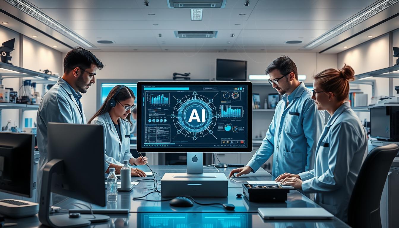 A research lab workspace with a central AI agent system, surrounded by a team of scientists and engineers collaborating on a complex scientific problem. The AI agent, depicted as a sleek, advanced computer interface, is the focal point, showcasing seamless integration with the scientists' research tools and data. The workspace features cutting-edge equipment, holographic displays, and a sense of futuristic technology. Soft, directional lighting illuminates the scene, creating a focused and productive atmosphere. The scientists are engaged in discussion, their expressions reflecting deep thought and problem-solving, as they work alongside the AI co-scientist to uncover new insights and push the boundaries of scientific discovery.