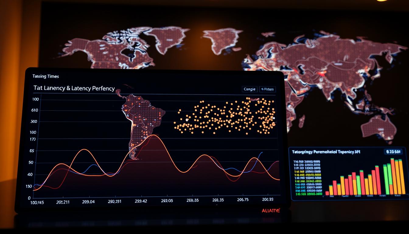 A sleek, data-centric dashboard illuminates the nuances of latency performance, its elegant interface conveying insights at a glance. In the foreground, a line graph charts response times, its undulating peaks and valleys revealing patterns in network efficiency. The middle ground showcases a scatter plot, data points dancing across the screen, their positioning and color hinting at the interplay between network variables. In the background, a world map pulsates with real-time data, regions lighting up with network activity, providing a global context to the local metrics. Warm lighting casts a subtle glow, creating an atmosphere of technical sophistication and data-driven decision making.