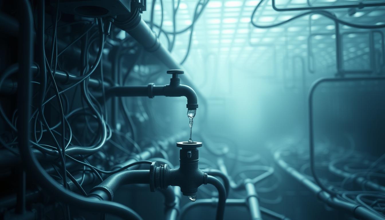 A vast, intricate network of pipes and tubes, twisting and turning like veins beneath a digital landscape. In the foreground, a faucet drips steadily, each drop a testament to the unseen water consumption that powers the unseen machinery of artificial intelligence. The background is a hazy, ethereal grid, a representation of the virtual world where data flows endlessly, fueled by the hidden demands of computational thirst. Soft, diffused lighting casts a contemplative glow, inviting the viewer to consider the delicate balance between technological progress and environmental sustainability. The overall mood is one of quiet contemplation, a reminder that the water footprint of AI is a vital yet often overlooked aspect of the modern digital age.