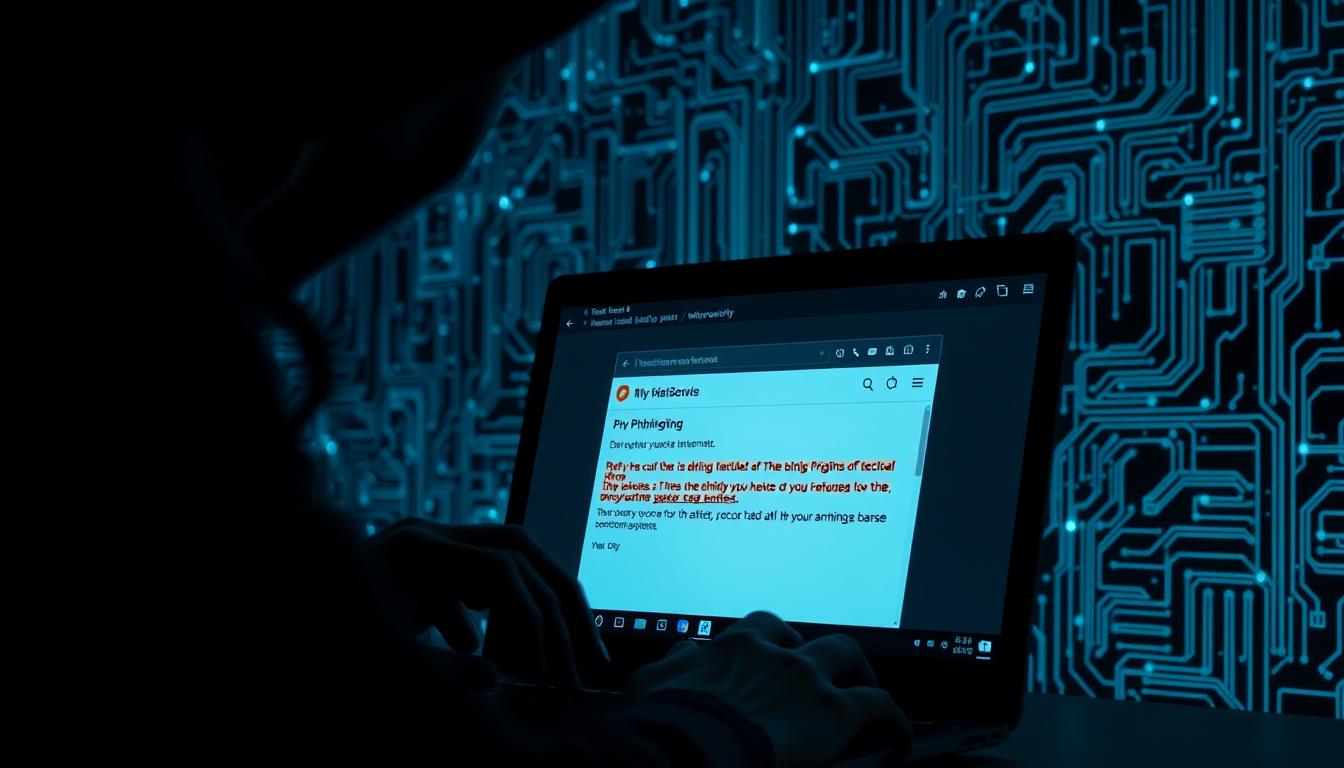 A dark, shadowy figure looms over a computer screen, their fingers deftly manipulating the keyboard. The screen displays a phishing email, its deceptive subject line and malicious attachments poised to ensnare unsuspecting victims. In the background, a maze of digital circuits and networks suggests the complex, interconnected nature of modern cybersecurity threats. Dramatic lighting casts sharp shadows, creating a sense of foreboding and tension. The scene conveys the shifting landscape of AI-powered attacks, where sophisticated bots and algorithms relentlessly probe for vulnerabilities, challenging the ingenuity of AI-powered defenses.