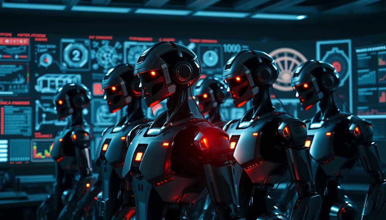 A team of sleek, metallic cybersecurity bots poised in a dimly lit, high-tech control room. The bots are adorned with various sensor arrays, defensive plating, and glowing indicator lights, exuding an air of vigilance and technological prowess. In the background, a sprawling digital landscape of network visualizations, firewall schematics, and threat analysis dashboards projects an aura of complexity and constant cyber vigilance. Dramatic lighting casts strategic shadows, emphasizing the bots' imposing silhouettes and creating a sense of heightened drama. The overall scene conveys a powerful, AI-driven approach to cybersecurity, ready to outmaneuver even the most sophisticated hackers.