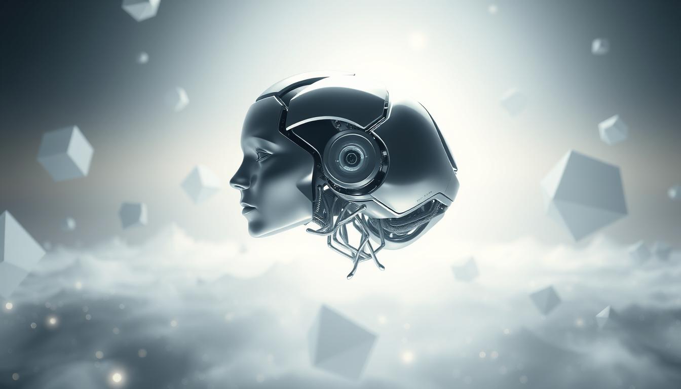 A highly detailed and photorealistic 3D render of a next-generation artificial intelligence model, floating in an ethereal, futuristic environment. The model is composed of sleek, metallic surfaces with organic, flowing lines, giving it a sense of advanced, dynamic intelligence. The model is illuminated by a soft, diffuse lighting that creates a sense of depth and dimensionality. The background is a serene, abstract landscape of floating geometric shapes and hazy, atmospheric gradients, suggesting the model's integration with advanced, data-driven technologies. The overall tone is one of technological innovation, progress, and the seamless convergence of human and machine intelligence.