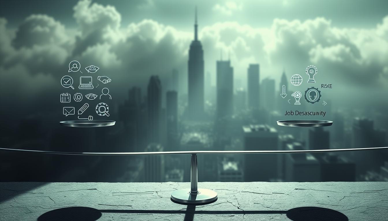 A high-contrast digital illustration showcasing the pros and cons of AI cybersecurity. In the foreground, a pair of scales balanced on a tightrope, representing the delicate balance between the benefits and risks. On one side, icons for increased efficiency, threat detection, and automation; on the other, concerns for privacy, bias, and job displacement. The middle ground features a cityscape shrouded in a hazy, cyberpunk atmosphere, hinting at the real-world implications. Dramatic lighting casts long shadows, creating a sense of looming uncertainty. The overall mood is one of thoughtful contemplation, inviting the viewer to weigh the tradeoffs of this emerging technology.