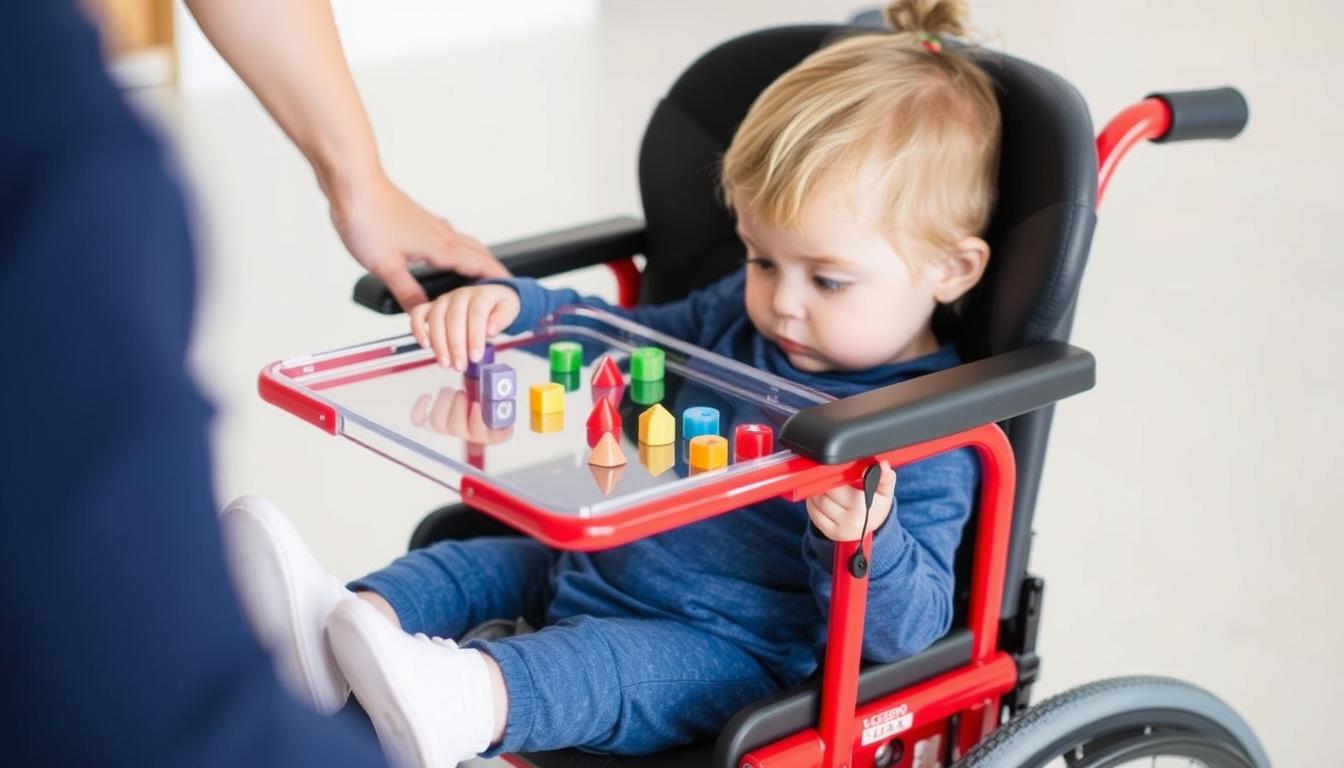 Criança utilizando a mesa de atividades do Carrinho Postural Infantil Leggero Trak Vermelho