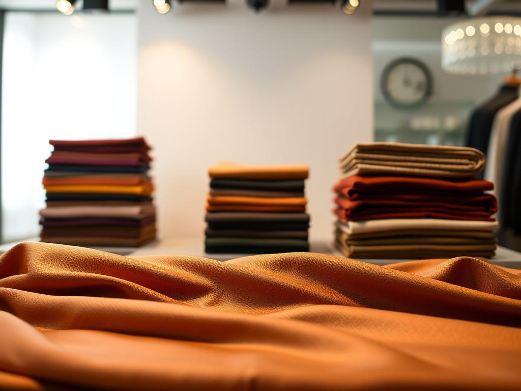An elegant display of premium men's unstitched fabric collection by Al Jalil Fabrics. In the foreground, a well-lit arrangement of luxurious fabrics in a variety of rich colors and textures, meticulously folded and draped to showcase their quality. The middle ground features a clean, minimalist backdrop, allowing the fabrics to take center stage. Subtle lighting casts a warm, inviting glow, highlighting the intricate weaves and subtle sheen of the premium materials. In the background, a soft, blurred environment evokes a sense of high-end, sophisticated style. The overall composition conveys the essence of timeless elegance and the exceptional craftsmanship of the Al Jalil Fabrics collection.