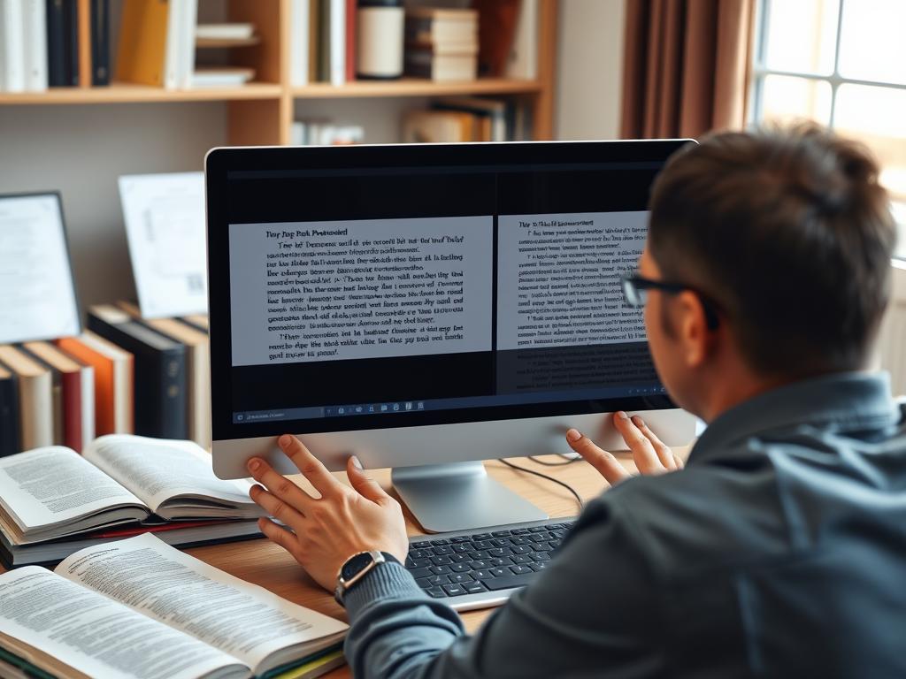 Person reviewing paraphrased content with reference materials