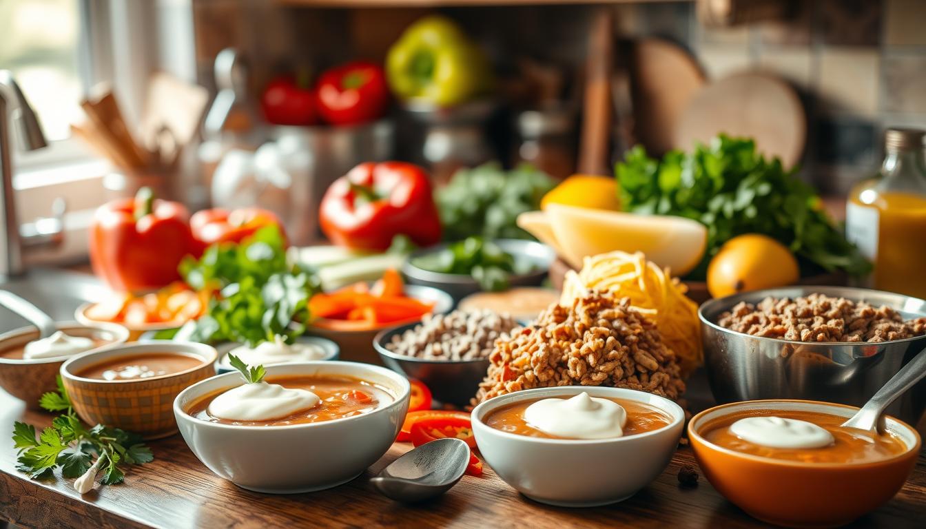 Taco Soup Recipe with Ranch Dressing: Zesty & Creamy Flavor 2 A kitchen countertop overflowing with an assortment of taco soup ingredients - colorful bell peppers, savory ground beef, fragrant spices, fresh cilantro, and creamy dollops of ranch dressing. The scene is bathed in warm, natural lighting, with a slight vignette effect creating a cozy, rustic atmosphere. In the foreground, various soup bowls and ladles hint at the customization possibilities, while the background features a blurred yet inviting display of toppings and garnishes. The overall composition conveys the idea of a flavorful, adaptable taco soup, ready to be personalized to individual tastes.
