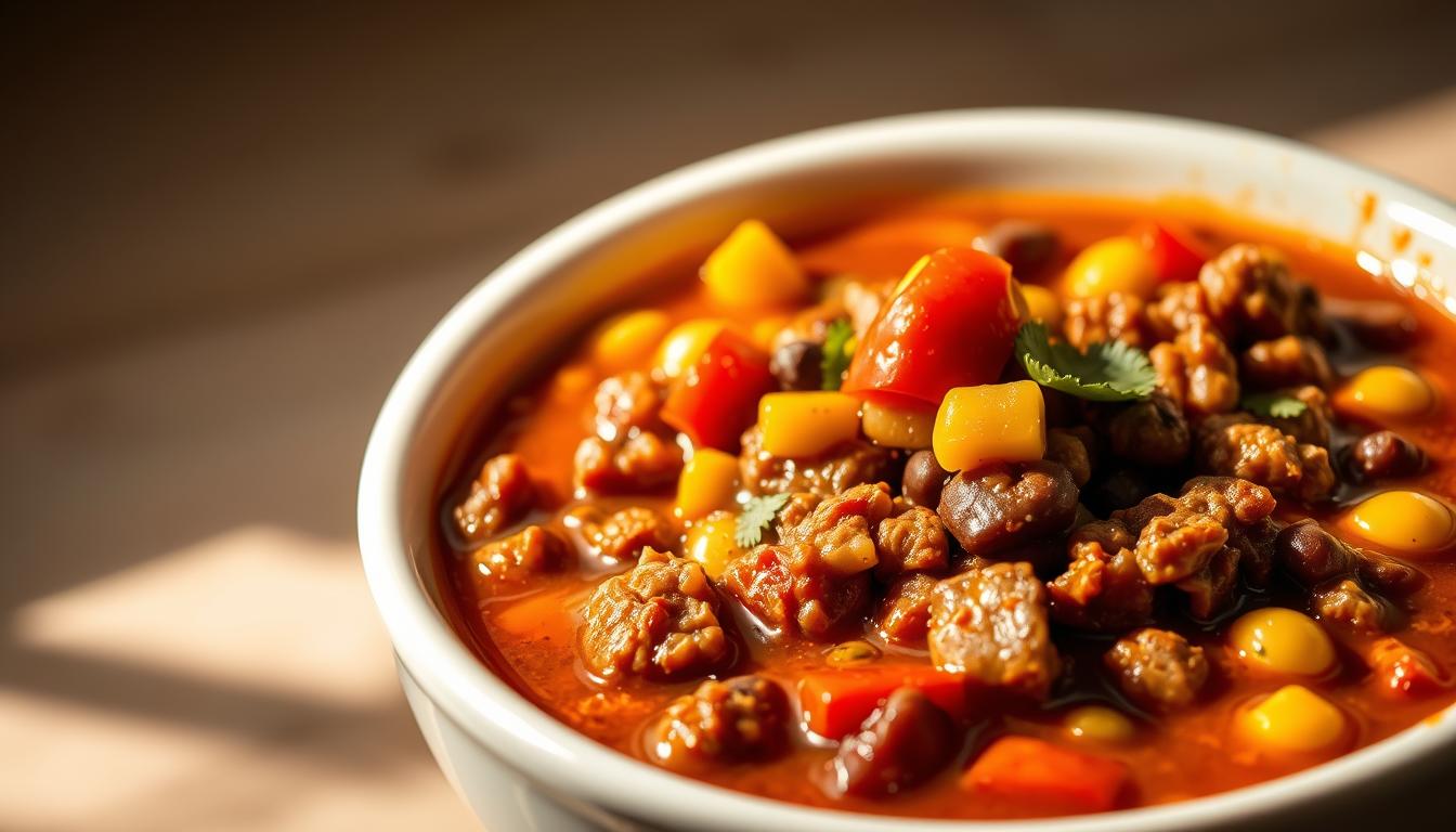 Taco Soup Recipe with Ranch Dressing: Zesty & Creamy Flavor 3 A close-up photograph of a hearty taco soup in a white ceramic bowl, filled with ground beef, kidney beans, corn, tomatoes, and spices. The soup glistens under warm, directional lighting, casting subtle shadows that accentuate its thick, textured consistency. The bowl is set against a clean, neutral background, allowing the vibrant colors and inviting aromas of the dish to take center stage. The composition emphasizes the nutritional value of the soup, showcasing the wholesome ingredients and their contributions to a balanced, protein-rich meal.