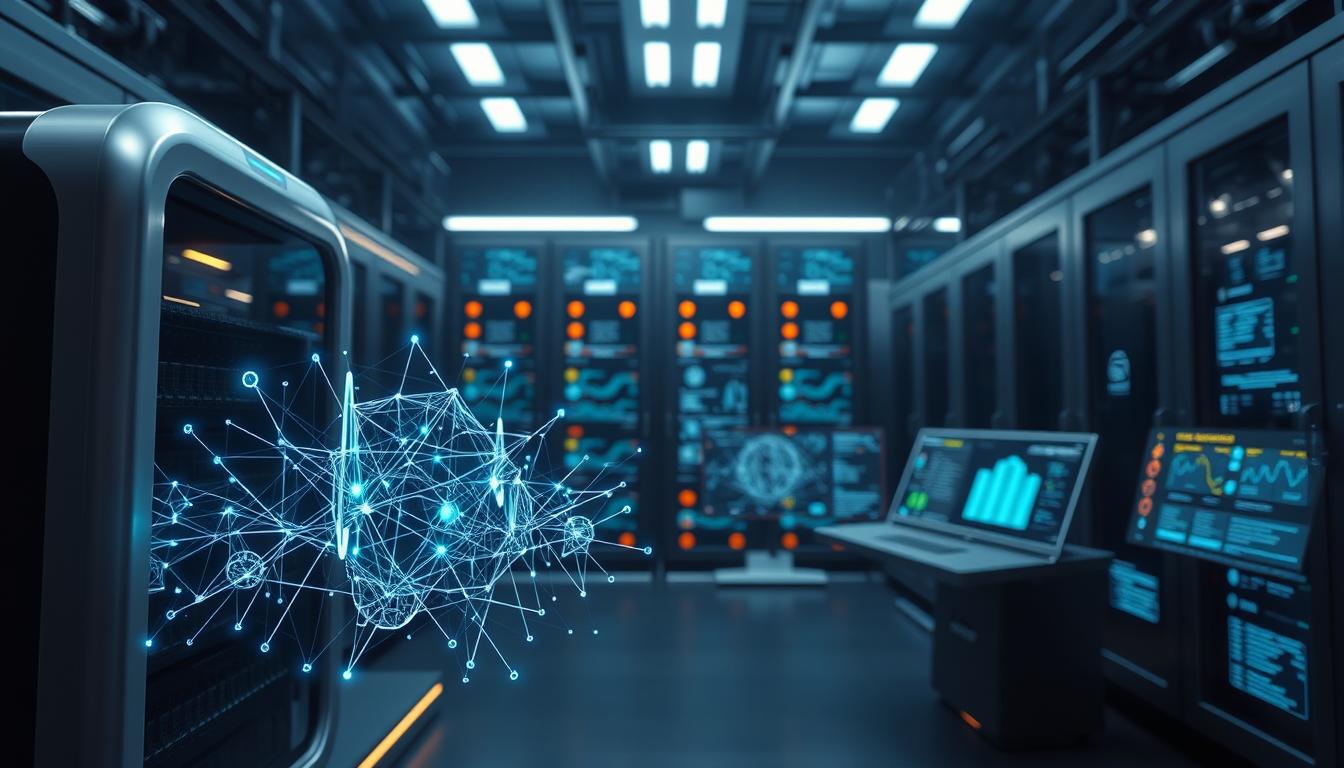 A highly advanced and intricate artificial intelligence system, featuring a sleek and modern design. In the foreground, a dynamic neural network visualization pulses with activity, surrounded by a smooth, metallic casing with subtle lighting accents. In the middle ground, holographic interfaces display complex data visualizations and real-time performance metrics. The background is a dimly lit, futuristic control room, with towering server racks and glowing control panels, creating an atmosphere of high-tech sophistication and cutting-edge innovation. The overall scene conveys a sense of power, intelligence, and the vast potential of this state-of-the-art AI platform.