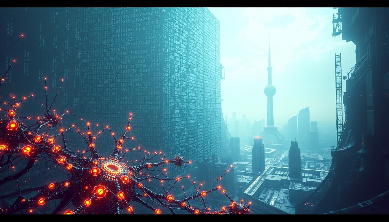 A breathtaking digital landscape depicting the challenges of artificial intelligence. In the foreground, a complex neural network of glowing circuits and interconnected nodes, symbolizing the intricate workings of AI systems. In the middle ground, a towering wall of binary code, representing the computational complexities and limitations that AI researchers must navigate. In the background, a hazy, dystopian cityscape, hinting at the societal and ethical implications of AI's rapid advancement. The scene is bathed in a cool, futuristic light, creating a sense of unease and uncertainty. The overall composition conveys the daunting obstacles and responsibilities that come with the pursuit of artificial intelligence.