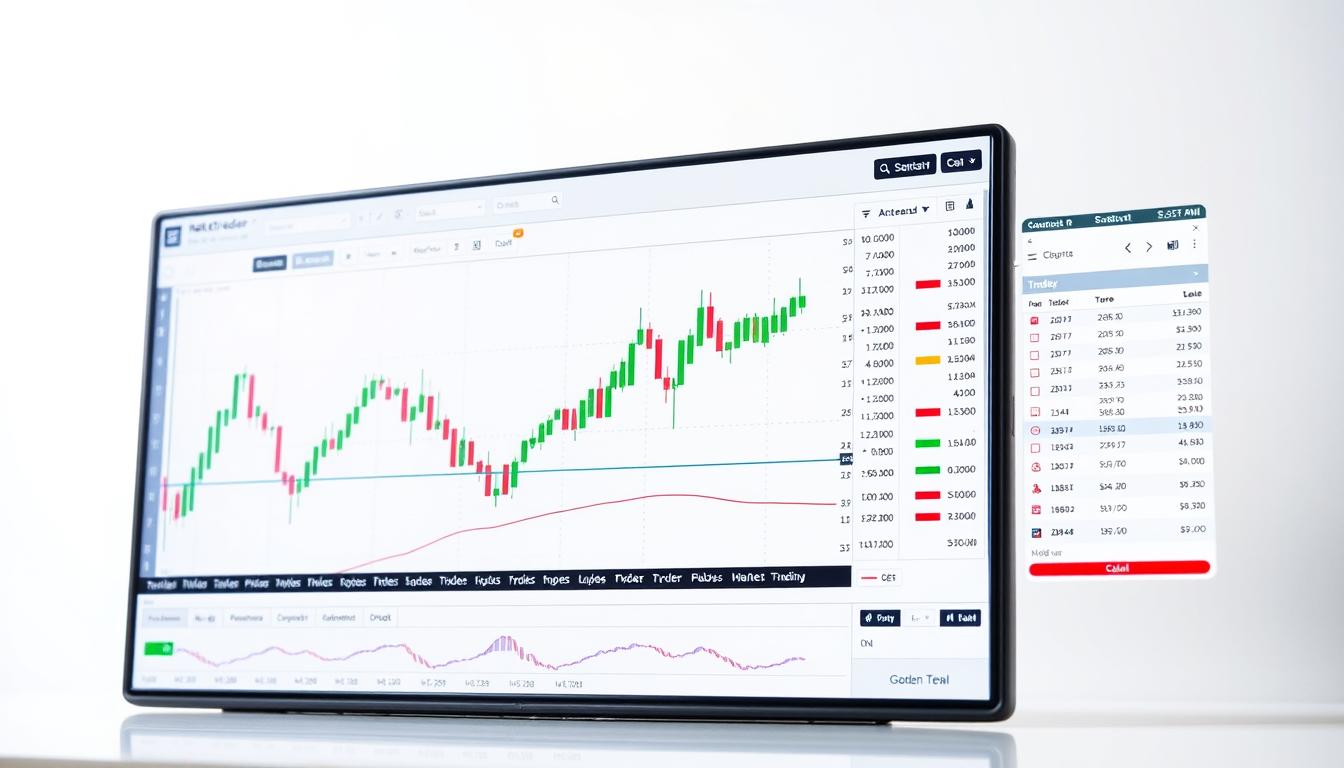 A detailed, high-resolution image of the MetaTrader4 trading platform interface. The foreground shows the main trading window with candlestick charts, order entry tools, and technical indicators. The middle ground includes the side panel with account information, order history, and market analysis tools. The background features a clean, minimalist design with subtle gradients and textures, conveying a sense of sophistication and professionalism. The lighting is soft and even, with a touch of directional light to add depth and dimension. The camera angle is slightly elevated, providing an overview of the platform's key features and functionality. The overall mood is one of precision, efficiency, and confidence, reflecting the platform's reputation as a powerful and reliable tool for beginner traders.