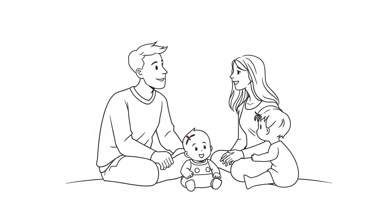 Line drawing showing a family discussing their experience with red light therapy for autism treatment