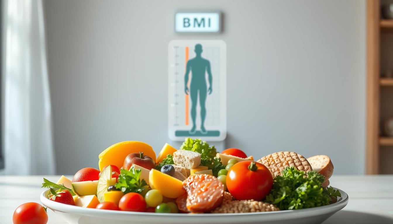 A detailed illustration of a person's dietary intake and its impact on their BMI (Body Mass Index). In the foreground, a balanced meal with a variety of healthy foods like fruits, vegetables, lean proteins, and whole grains. In the middle ground, a person standing on a scale, with their BMI value displayed. In the background, a visualization of the BMI scale, highlighting the healthy, overweight, and obese ranges. The scene is illuminated by soft, natural lighting, creating a calm and informative atmosphere. The overall composition emphasizes the connection between nutritious eating habits and maintaining a healthy BMI.