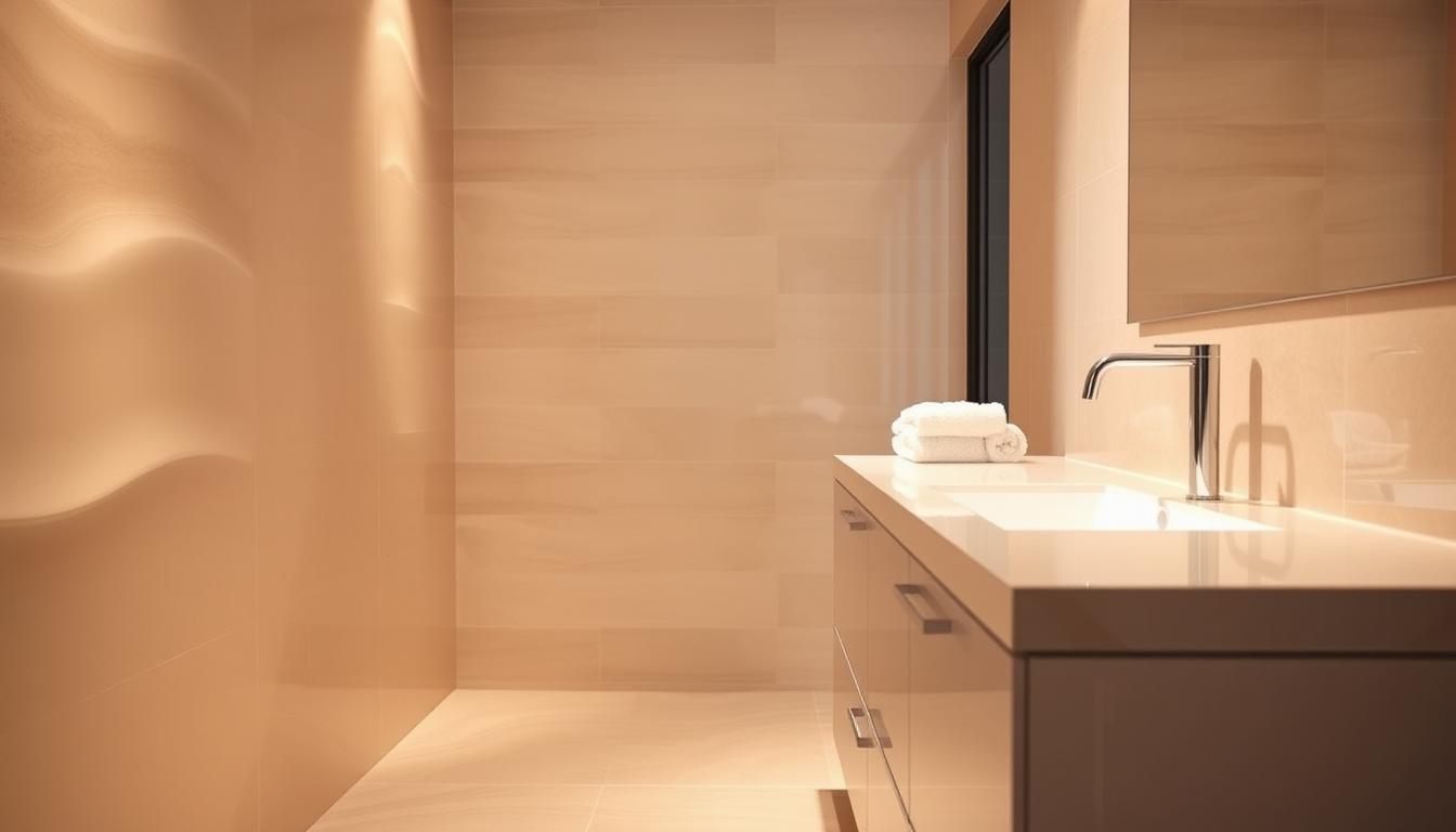 Moisture-resistant bathroom materials, a study in durability and elegance. An array of glossy, smooth tiles in a warm, neutral palette cascade across the frame, reflecting the soft, diffused lighting from above. Polished vanity surfaces in sleek, water-resistant materials lie in the foreground, complemented by the clean lines of a minimalist sink and faucet. In the background, a hint of plush, water-resistant textiles adds a touch of comfort and coziness to the scene, creating a cohesive, high-end bathroom environment built to withstand the challenges of daily use.
