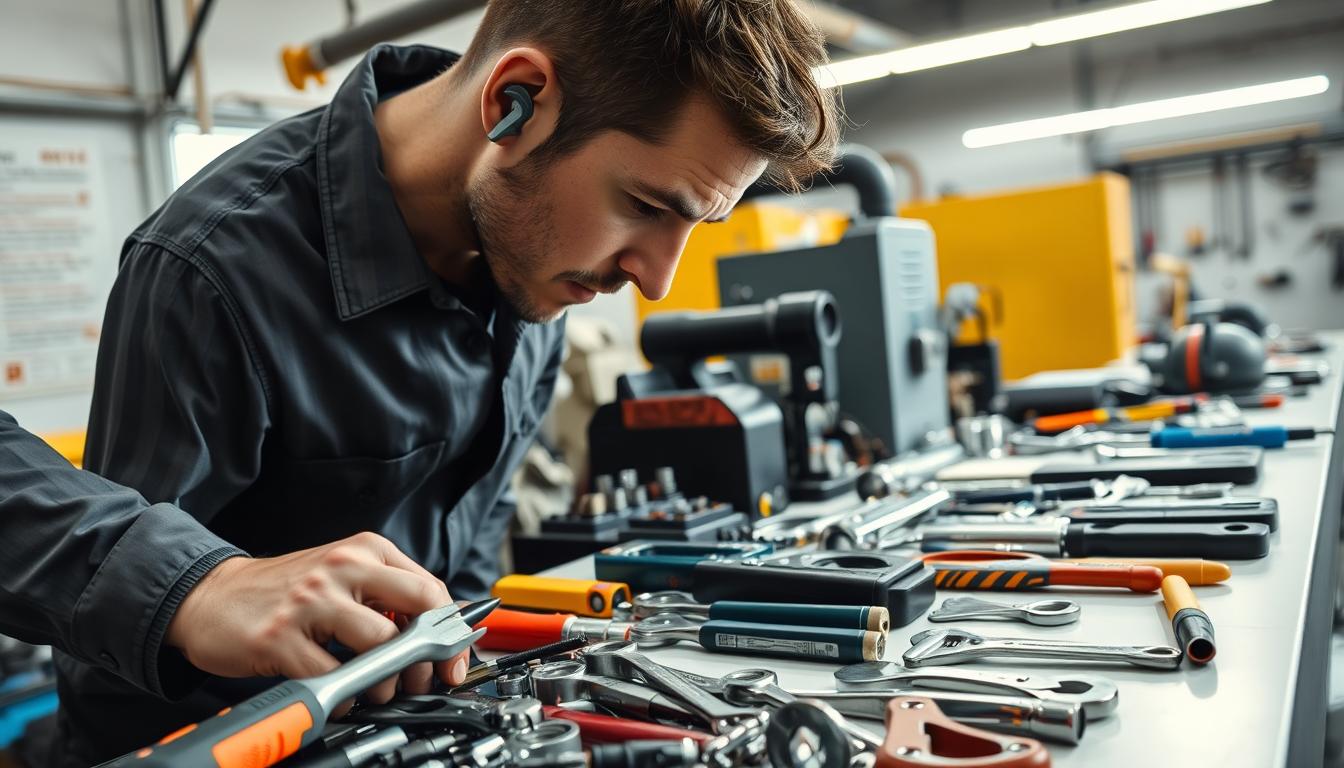 A well-lit, high-resolution close-up of a professional technician examining an array of industrial tools, machinery, and equipment on a clean workbench. The scene conveys an atmosphere of technical expertise, problem-solving, and attention to detail. The tools are meticulously arranged, with various wrenches, pliers, screwdrivers, and other specialized equipment showcasing the breadth of resources available for technical consultation and support. The lighting casts gentle shadows, highlighting the textures and materials of the tools, creating a sense of depth and three-dimensionality. The overall composition emphasizes the importance of knowledgeable technical guidance in the design and selection of the right tools for industrial applications.