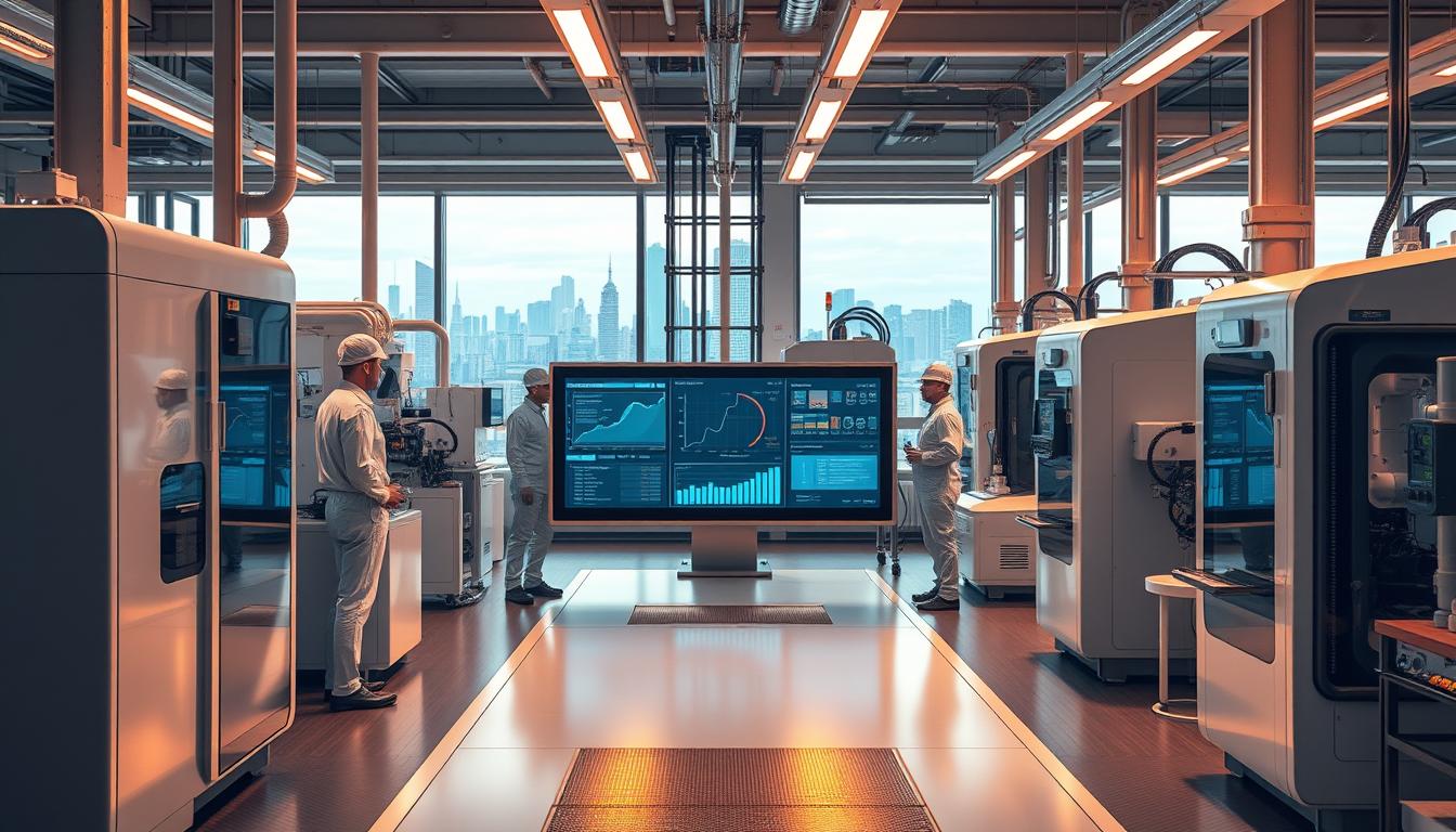 A futuristic factory floor with smooth, gleaming machinery, workers in clean uniforms diligently monitoring production processes, a central control panel displaying real-time data and efficiency metrics. Warm, directional lighting casts a soft glow, highlighting the precision and order of the automated systems. In the background, a panoramic window overlooking a cityscape, symbolizing the integration of the production facility with the broader industrial landscape. The scene conveys a sense of optimized workflows, streamlined operations, and a commitment to technological innovation in manufacturing.