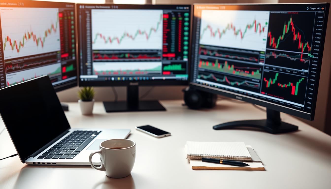A sleek, professional-looking desktop setup with a laptop, smartphone, and financial charts displayed on multiple screens. The desk is clean and organized, with a mug of coffee and a notebook nearby. The lighting is soft and natural, creating a warm, focused atmosphere. The charts and graphs show various forex indicators and performance metrics, providing a comprehensive overview of the trading signals. The overall composition conveys a sense of precision, analysis, and informed decision-making.
