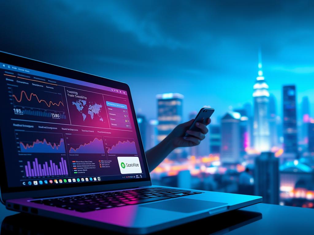 A dynamic digital landscape with vibrant hues and sleek interfaces. In the foreground, a laptop screen displays analytics and metrics, showcasing the power of data-driven decision making. In the middle ground, a smartphone user navigates through social media platforms, engaging with targeted campaigns. The background features a cityscape, symbolizing the global reach and interconnectivity of digital marketing. The lighting is soft and diffused, creating a sense of professionalism and sophistication. The camera angle is slightly elevated, providing an overview of the digital ecosystem. The overall mood is one of efficiency, innovation, and the endless possibilities of leveraging technology for business growth.